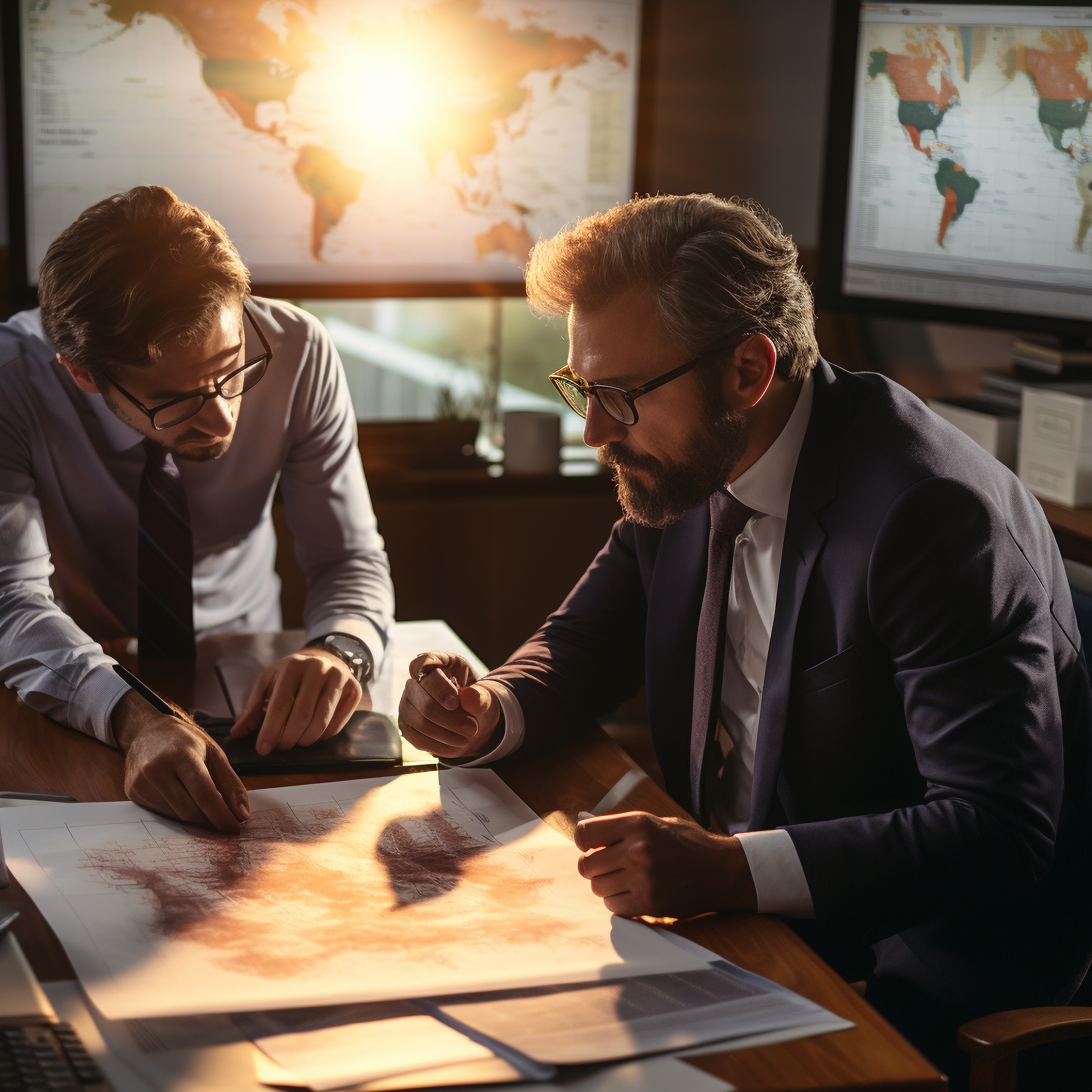 Professionals analyzing data with world map